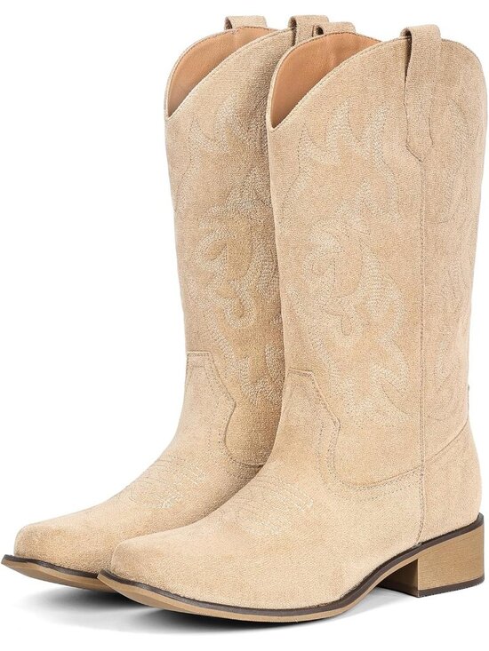 Shoes - Women Suede Beige Square Toe Mid Calf Embroidered Western Low Heel Cowboy Boots